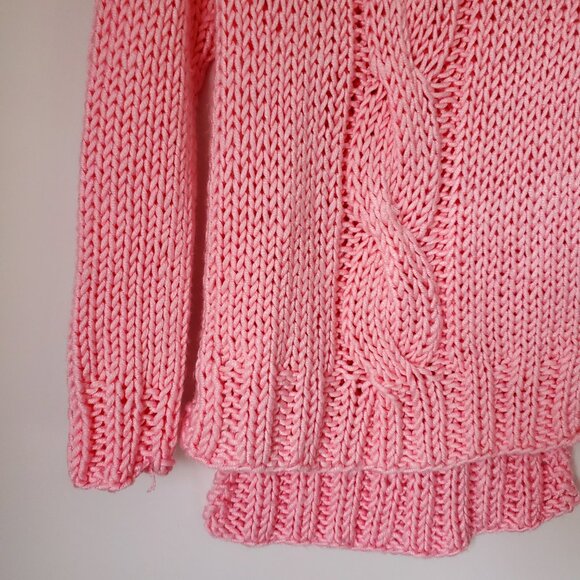 Women's Fall Sweater Knitted Barbie Pink Cable Knit Fisherman Design Long Cozy - Picture 8 of 8